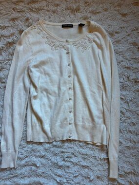 White Embellished Button-Front Women’s Sweater